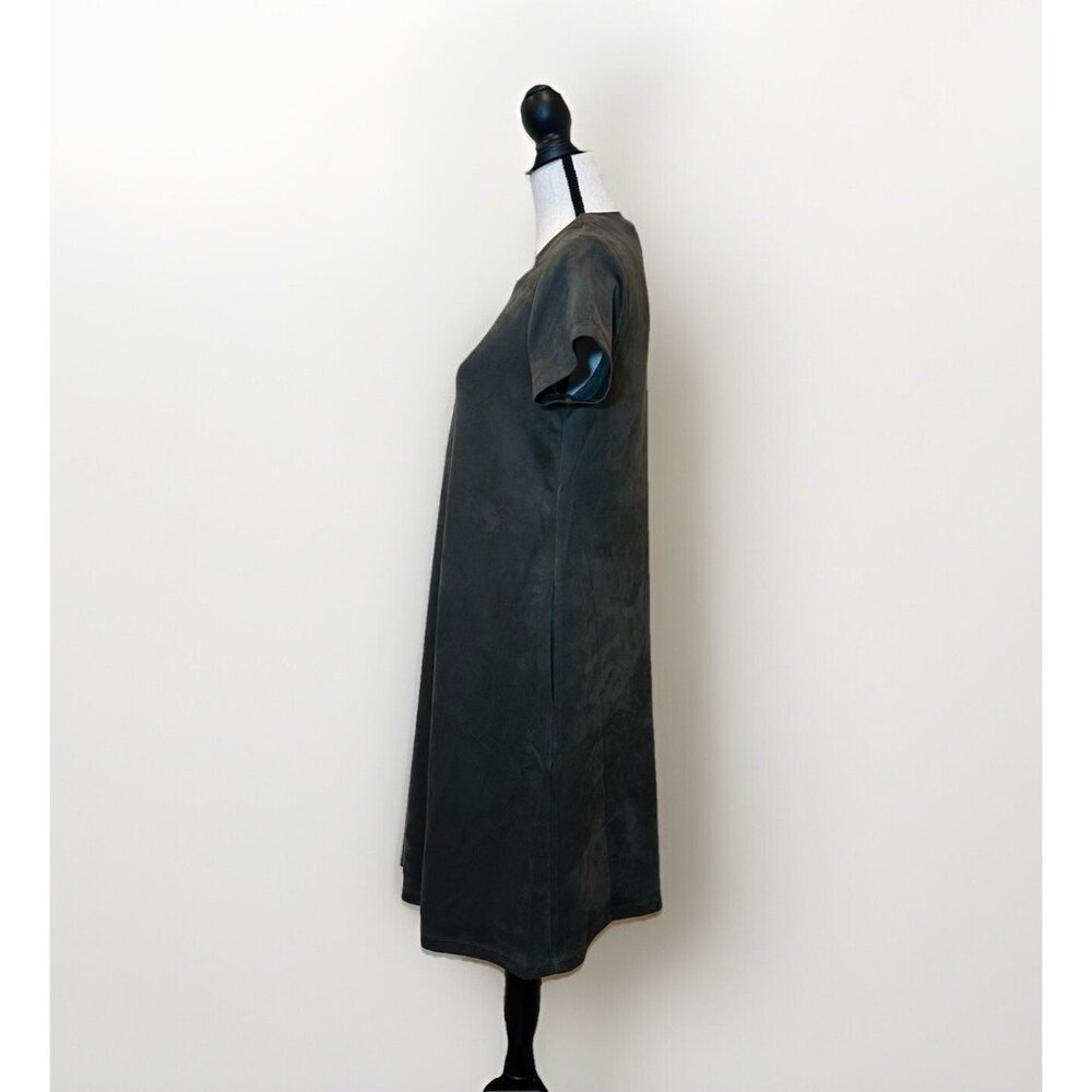 J McLaughlin Swing Dress Cap Sleeve Olive Green Faux Suede Size M Pockets - Picture 7 of 15